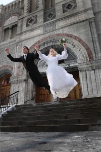 Photography courses and workshop. Fly technique. Bride and groom is flying